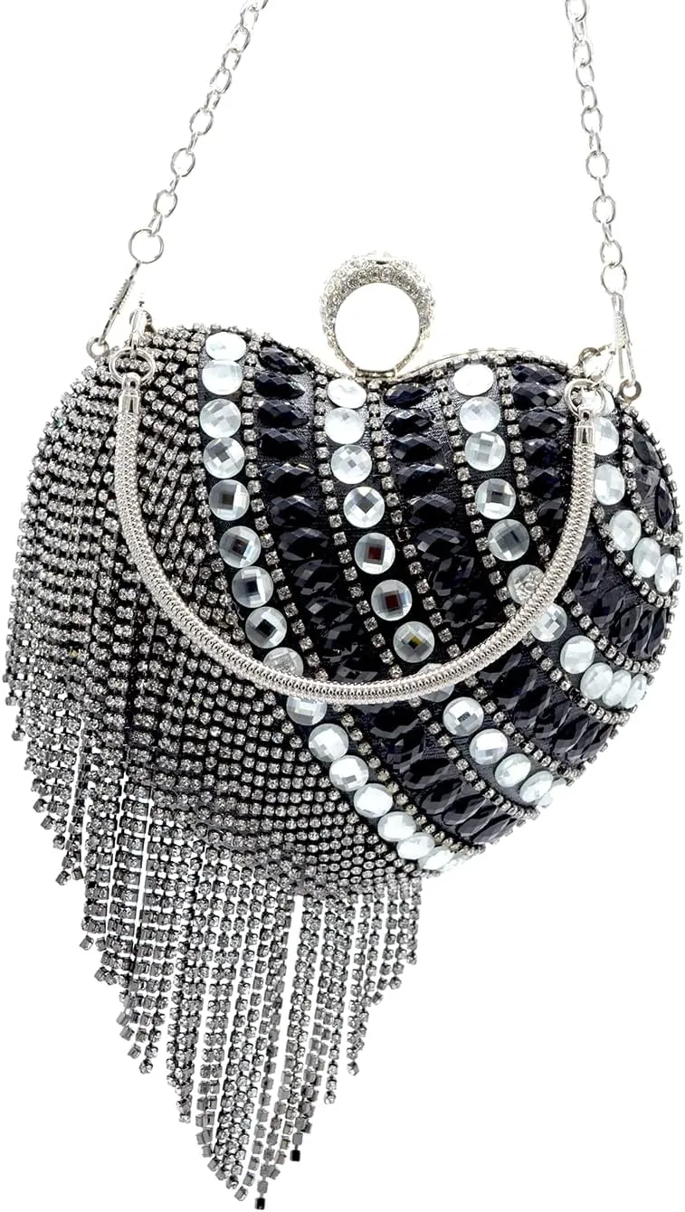 UMREN Women Luxury Heart Shape Tassel Evening Clutch Bag Rhinestones Wedding Party Purse Handbag