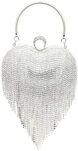 UMREN Women Luxury Heart Shape Tassel Evening Clutch Bag Rhinestones Wedding Party Purse Handbag