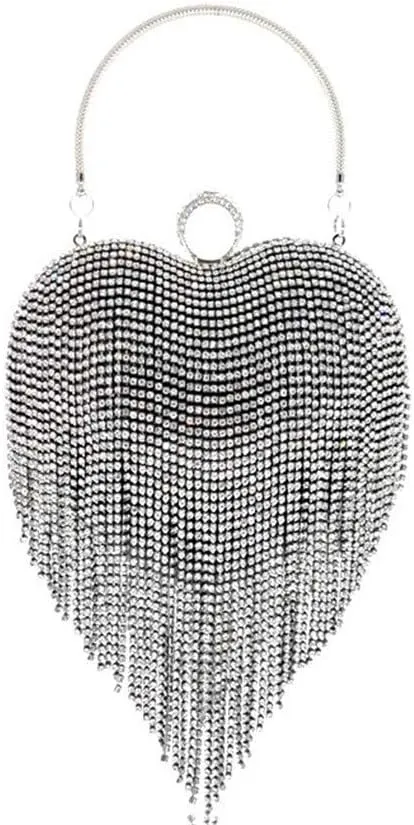 UMREN Women Luxury Heart Shape Tassel Evening Clutch Bag Rhinestones Wedding Party Purse Handbag