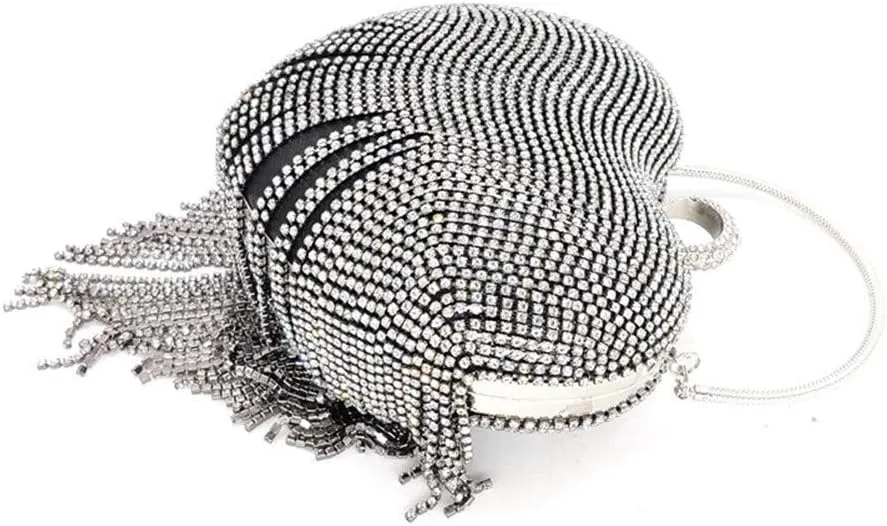 UMREN Women Luxury Heart Shape Tassel Evening Clutch Bag Rhinestones Wedding Party Purse Handbag