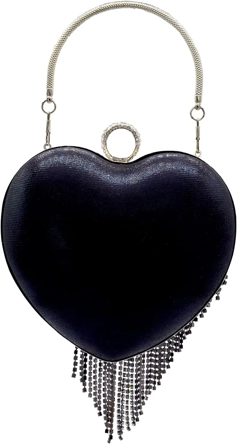 UMREN Women Luxury Heart Shape Tassel Evening Clutch Bag Rhinestones Wedding Party Purse Handbag