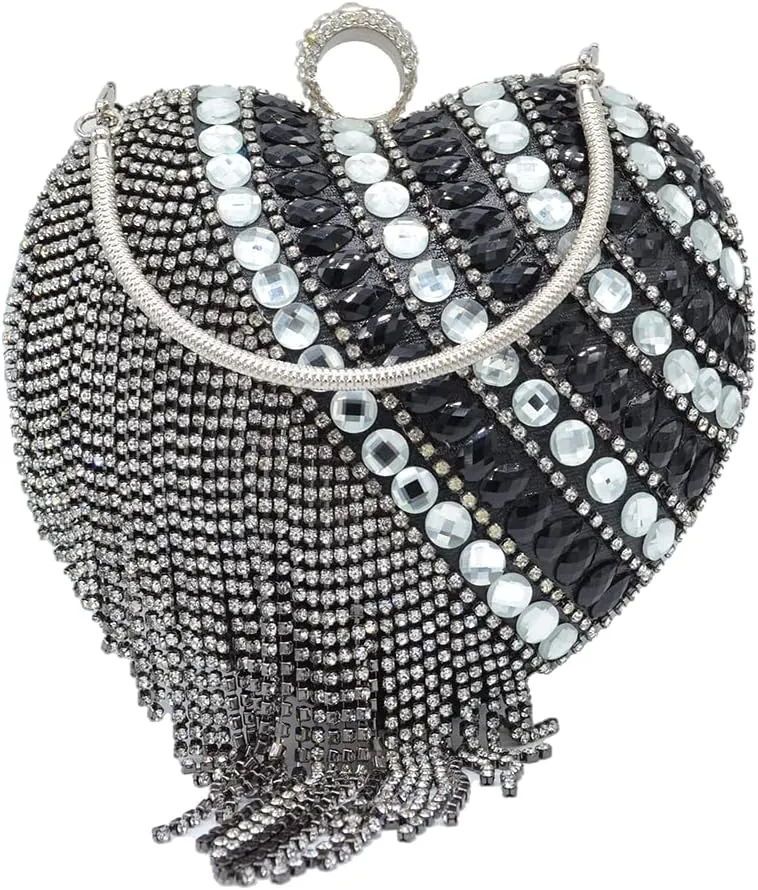 UMREN Women Luxury Heart Shape Tassel Evening Clutch Bag Rhinestones Wedding Party Purse Handbag