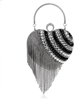 UMREN Women Luxury Heart Shape Tassel Evening Clutch Bag Rhinestones Wedding Party Purse Handbag
