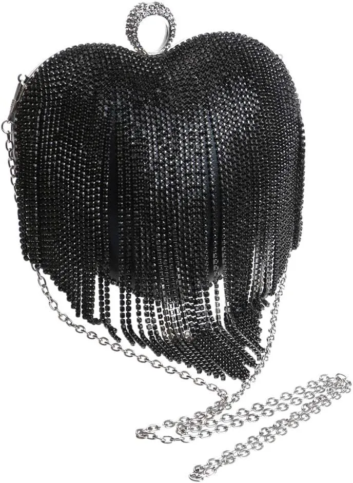UMREN Women Luxury Heart Shape Tassel Evening Clutch Bag Rhinestones Wedding Party Purse Handbag