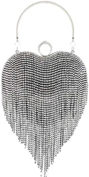 UMREN Women Luxury Heart Shape Tassel Evening Clutch Bag Rhinestones Wedding Party Purse Handbag