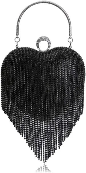 UMREN Women Luxury Heart Shape Tassel Evening Clutch Bag Rhinestones Wedding Party Purse Handbag