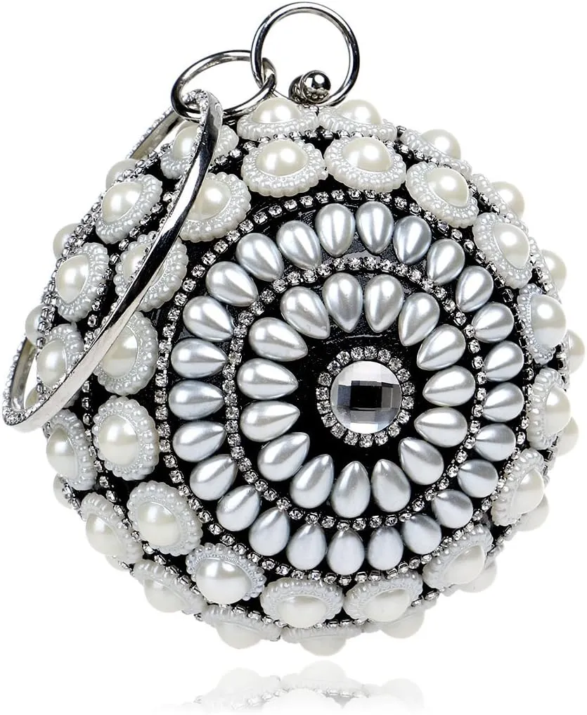 UMREN Women Round Clutch Ball Evening Bag Dazzling Full Beaded Artificial Pearls Handbag for Wedding Parites Prom