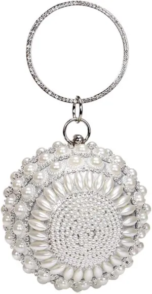 UMREN Women Round Clutch Ball Evening Bag Dazzling Full Beaded Artificial Pearls Handbag for Wedding Parites Prom