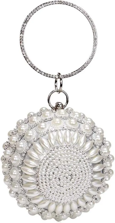 UMREN Women Round Clutch Ball Evening Bag Dazzling Full Beaded Artificial Pearls Handbag for Wedding Parites Prom