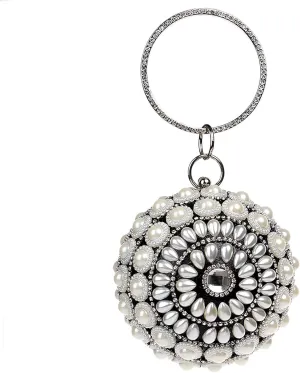 UMREN Women Round Clutch Ball Evening Bag Dazzling Full Beaded Artificial Pearls Handbag for Wedding Parites Prom