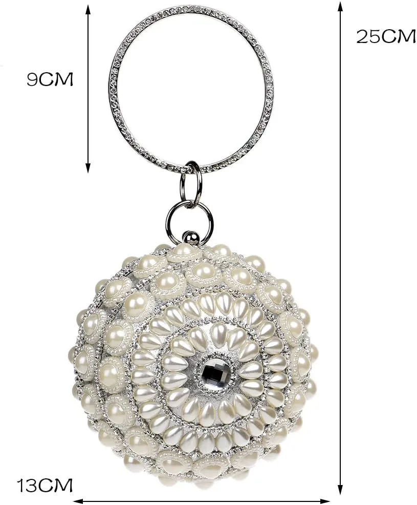 UMREN Women Round Clutch Ball Evening Bag Dazzling Full Beaded Artificial Pearls Handbag for Wedding Parites Prom
