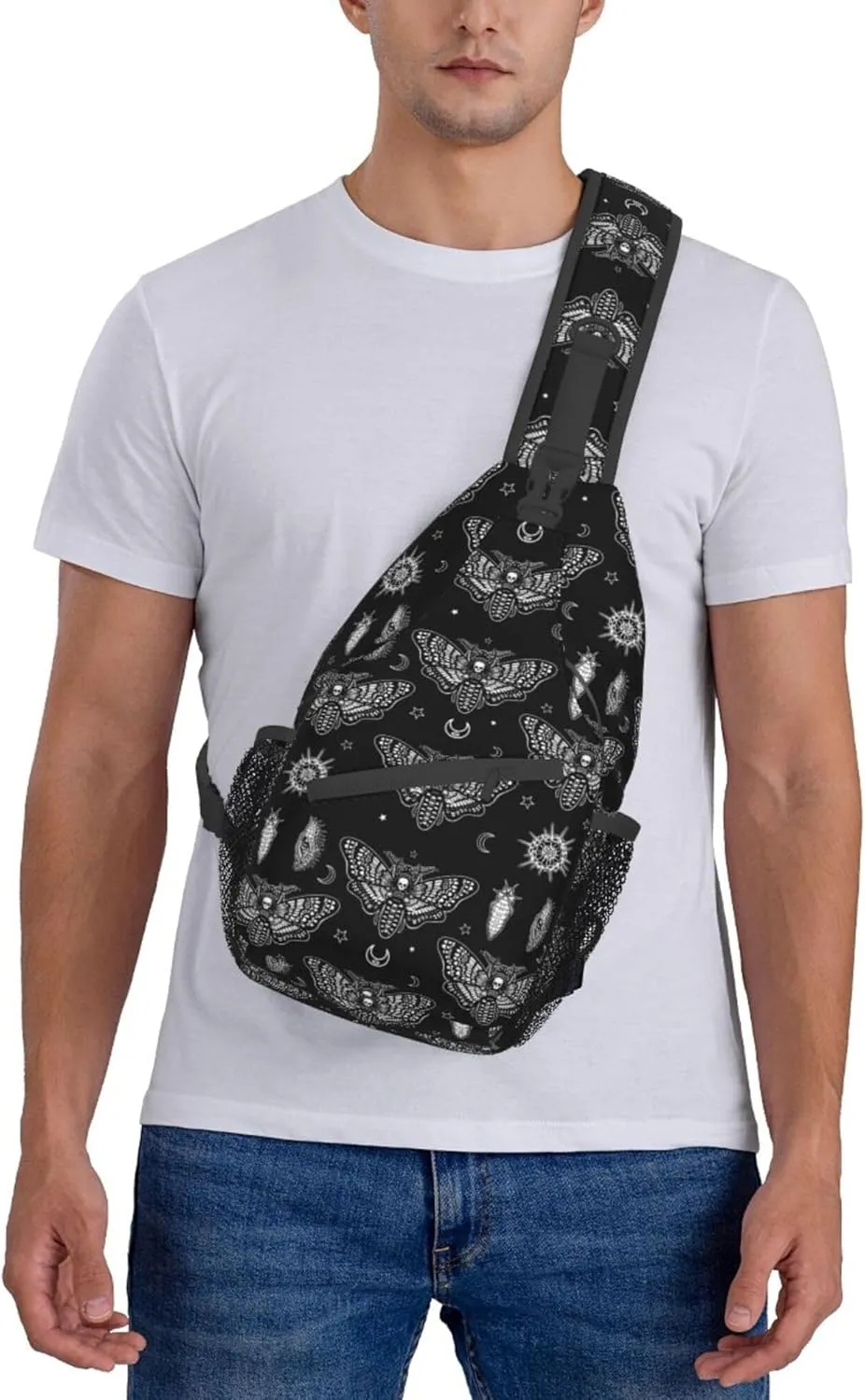 Unisex Sling Bag Lightweight Sling Bag Chest Anti-Theft Crossbody Sling Backpack Casual Chest Package Multipurpose gothic moth skull sun moon black and white Gym Bags Outdoor Backpack