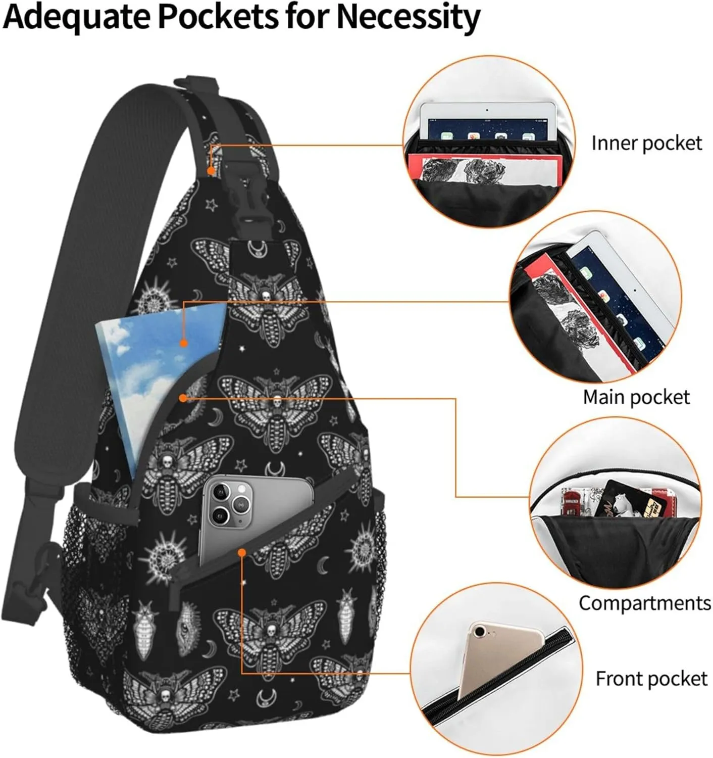 Unisex Sling Bag Lightweight Sling Bag Chest Anti-Theft Crossbody Sling Backpack Casual Chest Package Multipurpose gothic moth skull sun moon black and white Gym Bags Outdoor Backpack