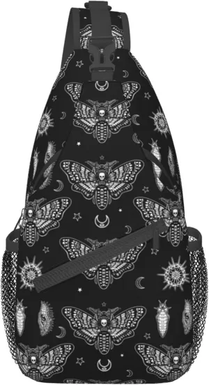 Unisex Sling Bag Lightweight Sling Bag Chest Anti-Theft Crossbody Sling Backpack Casual Chest Package Multipurpose gothic moth skull sun moon black and white Gym Bags Outdoor Backpack