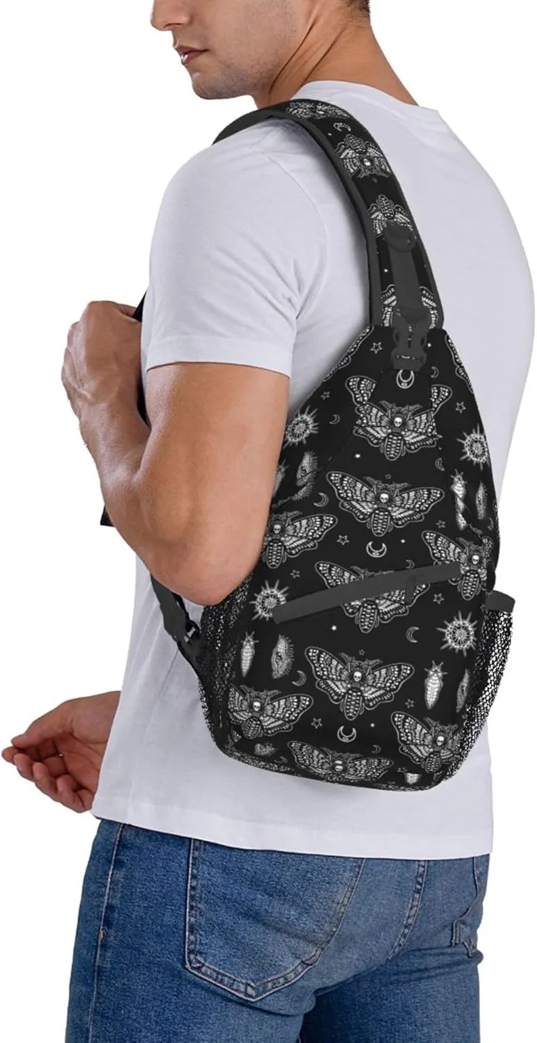 Unisex Sling Bag Lightweight Sling Bag Chest Anti-Theft Crossbody Sling Backpack Casual Chest Package Multipurpose gothic moth skull sun moon black and white Gym Bags Outdoor Backpack
