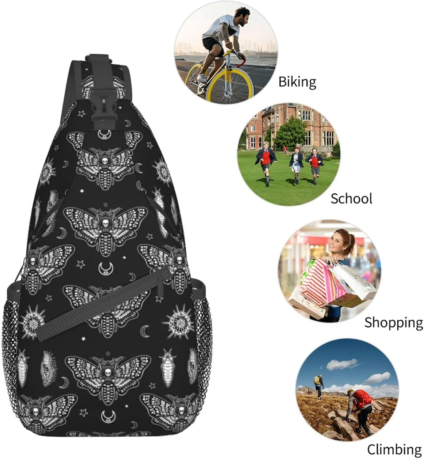 Unisex Sling Bag Lightweight Sling Bag Chest Anti-Theft Crossbody Sling Backpack Casual Chest Package Multipurpose gothic moth skull sun moon black and white Gym Bags Outdoor Backpack