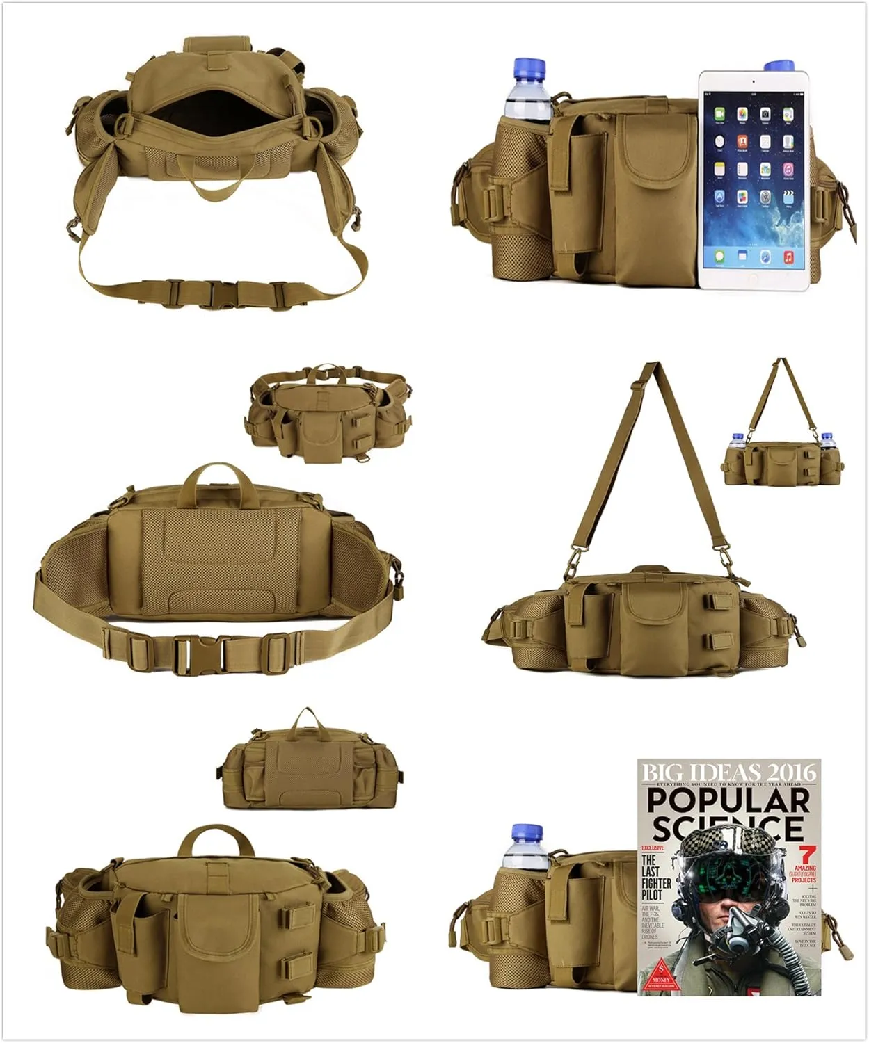 UNISTRENGH Tactical Waist Pack Bag With 2-Water Bottle Pocket Holder Military Fanny Packs Waterproof Hip Belt Bag Pouch for Hunting Trekking Running (Coyote Brown)