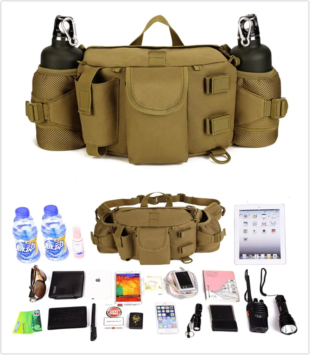 UNISTRENGH Tactical Waist Pack Bag With 2-Water Bottle Pocket Holder Military Fanny Packs Waterproof Hip Belt Bag Pouch for Hunting Trekking Running (Coyote Brown)