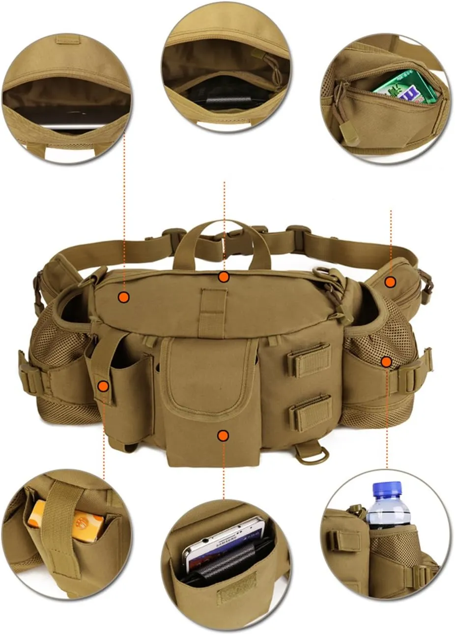 UNISTRENGH Tactical Waist Pack Bag With 2-Water Bottle Pocket Holder Military Fanny Packs Waterproof Hip Belt Bag Pouch for Hunting Trekking Running (Coyote Brown)