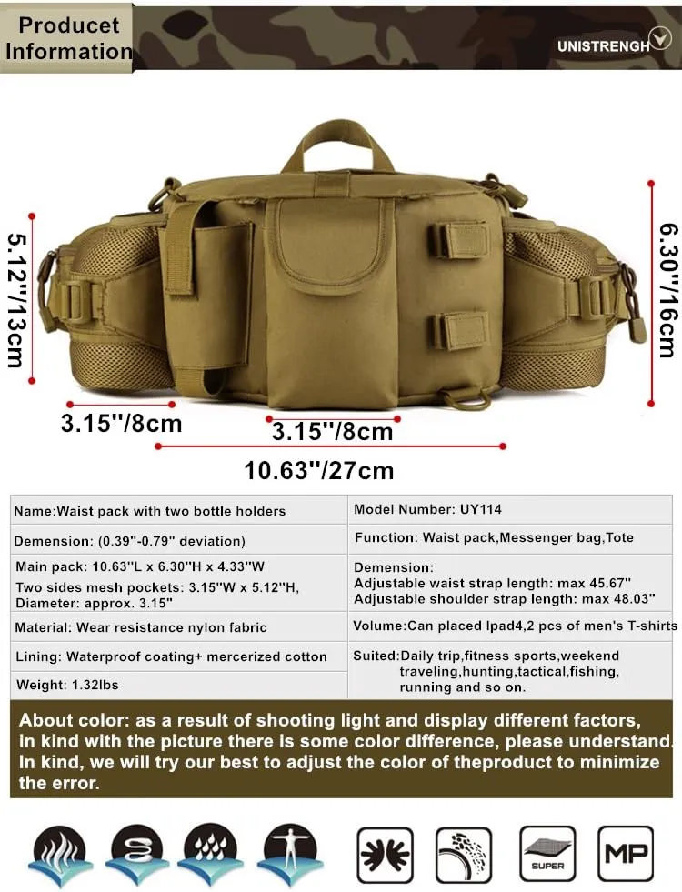 UNISTRENGH Tactical Waist Pack Bag With 2-Water Bottle Pocket Holder Military Fanny Packs Waterproof Hip Belt Bag Pouch for Hunting Trekking Running (Coyote Brown)