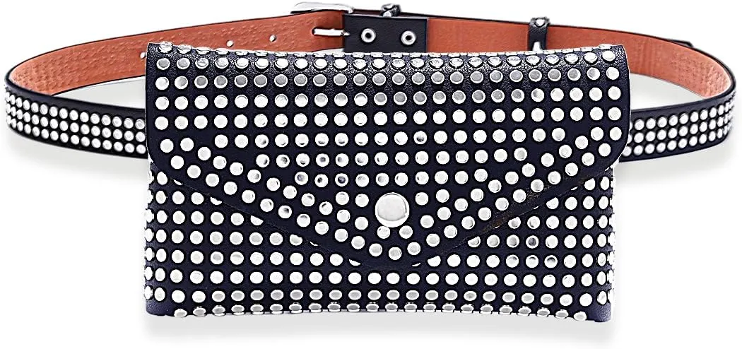 Urieo Leather Belt Bag Black Small Fanny Pack Studded Waist Pack Daily Travel for Women
