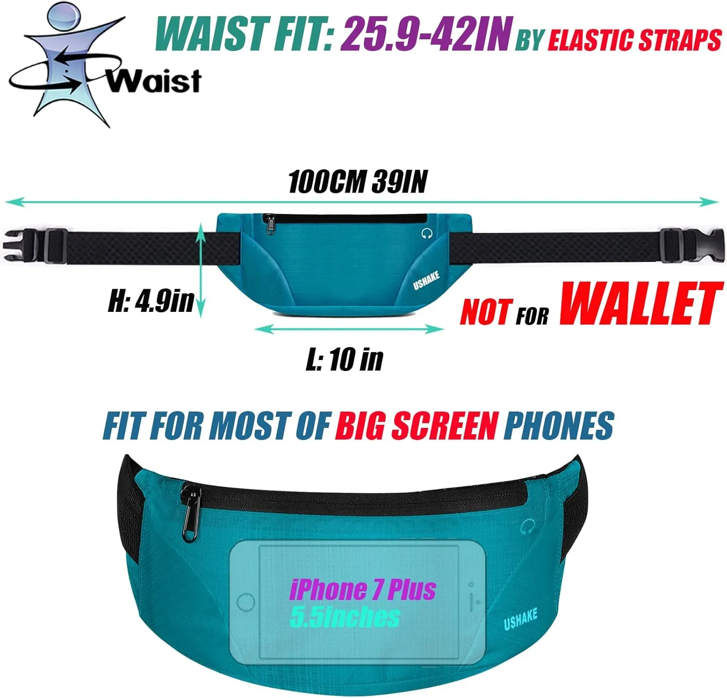 USHAKE Running Belt,Men or Women Ultra Light Bounce Free Waist Pouch Bag Fitness Workout Belt Sport Waist Pack Exercise Waist Bag for iPhone Samsung LG in Running Gym Marathon (MINT BLUE)