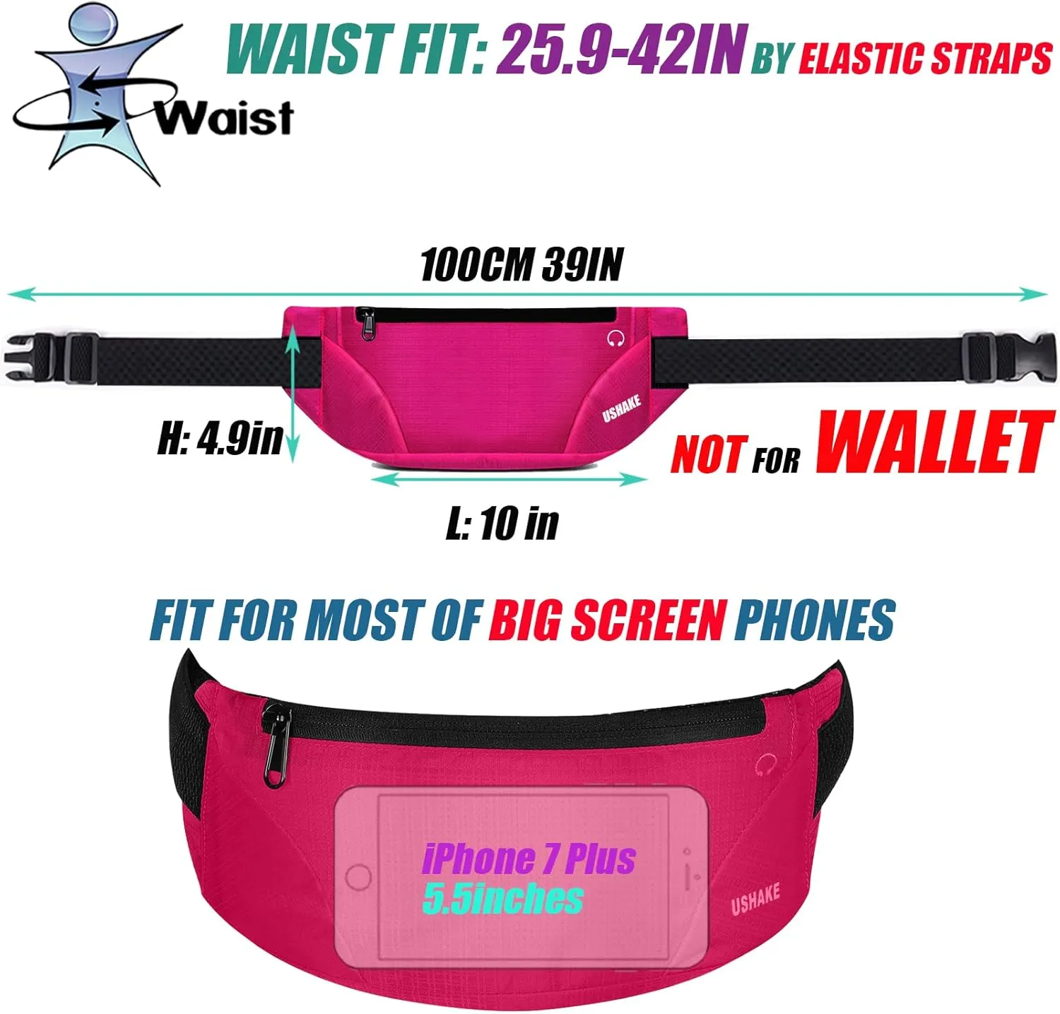 USHAKE Running Belt,Men or Women Ultra Light Bounce Free Waist Pouch Bag Fitness Workout Belt Sport Waist Pack Exercise Waist Bag for iPhone Samsung LG in Running Gym Marathon (Red)