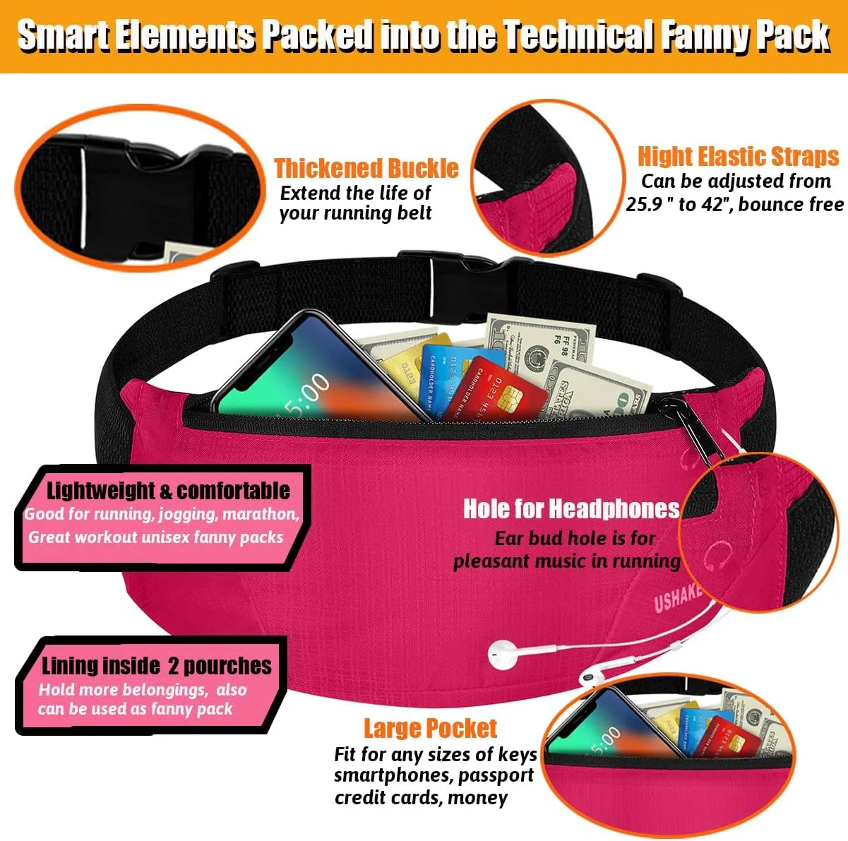 USHAKE Running Belt,Men or Women Ultra Light Bounce Free Waist Pouch Bag Fitness Workout Belt Sport Waist Pack Exercise Waist Bag for iPhone Samsung LG in Running Gym Marathon (Red)