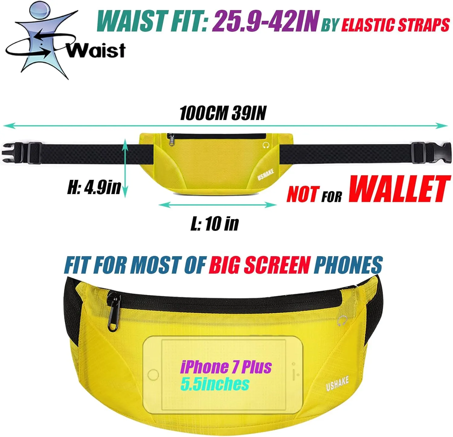 USHAKE Running Belt,Men or Women Ultra Light Bounce Free Waist Pouch Bag Fitness Workout Belt Sport Waist Pack Exercise Waist Bag for iPhone Samsung LG in Running Gym Marathon (YELLOW)