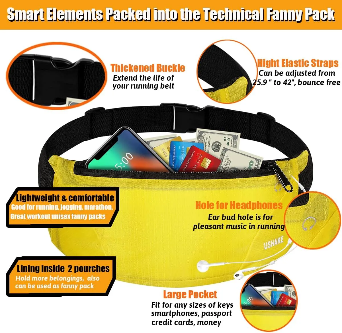 USHAKE Running Belt,Men or Women Ultra Light Bounce Free Waist Pouch Bag Fitness Workout Belt Sport Waist Pack Exercise Waist Bag for iPhone Samsung LG in Running Gym Marathon (YELLOW)