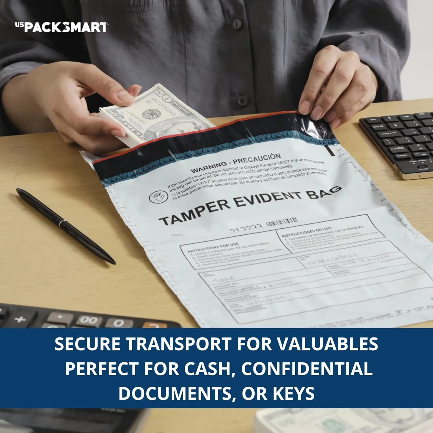 USPACKSMART 9”x12" Opaque Plastic Deposit Bags with Security Tape Tamper Evident - Secure Bank Deposits, Cash Handling, & Currency Transport | Self-Sealing Tape with Hidden Graphics | 100-Pack