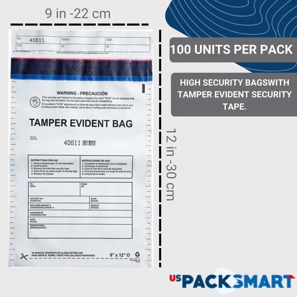 USPACKSMART 9”x12" Opaque Plastic Deposit Bags with Security Tape Tamper Evident - Secure Bank Deposits, Cash Handling, & Currency Transport | Self-Sealing Tape with Hidden Graphics | 100-Pack