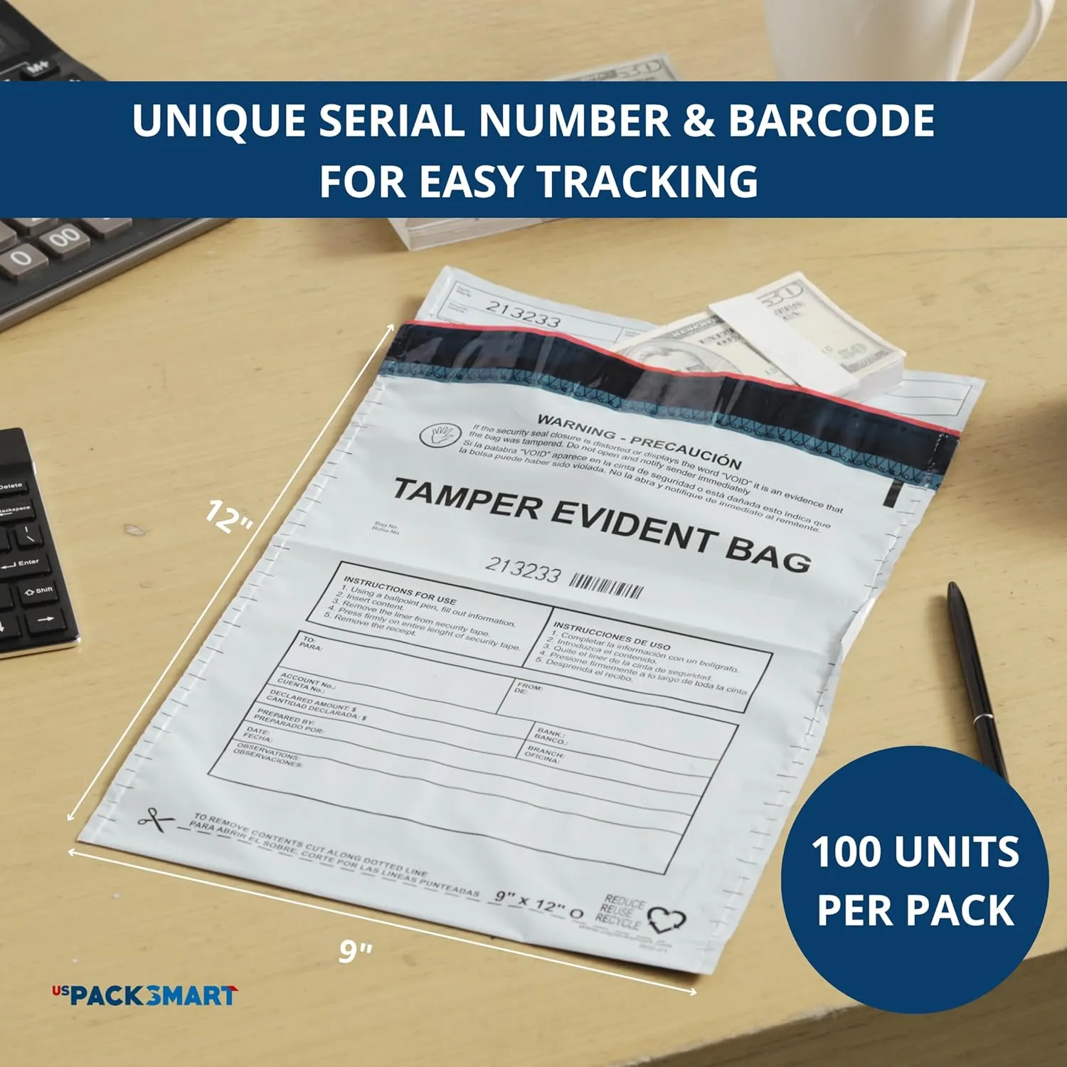 USPACKSMART 9”x12" Opaque Plastic Deposit Bags with Security Tape Tamper Evident - Secure Bank Deposits, Cash Handling, & Currency Transport | Self-Sealing Tape with Hidden Graphics | 100-Pack