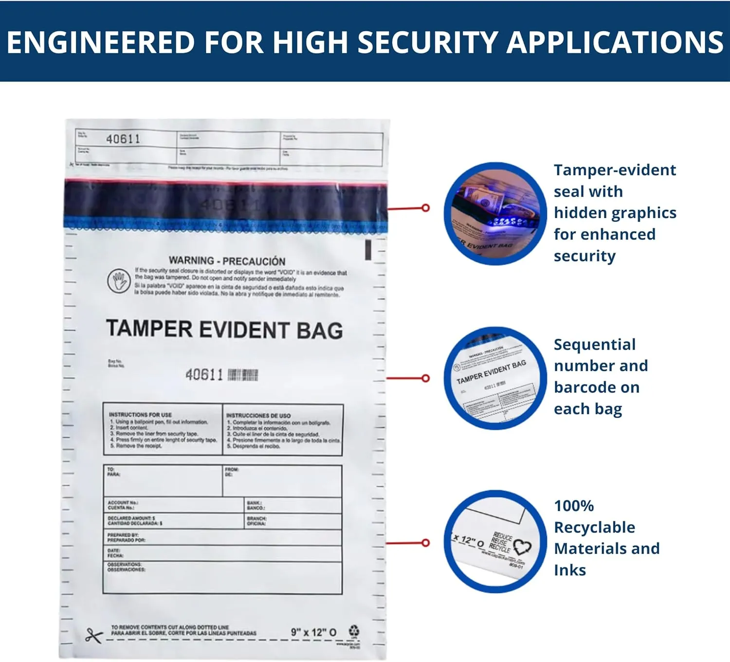 USPACKSMART 9”x12" Opaque Plastic Deposit Bags with Security Tape Tamper Evident - Secure Bank Deposits, Cash Handling, & Currency Transport | Self-Sealing Tape with Hidden Graphics | 100-Pack