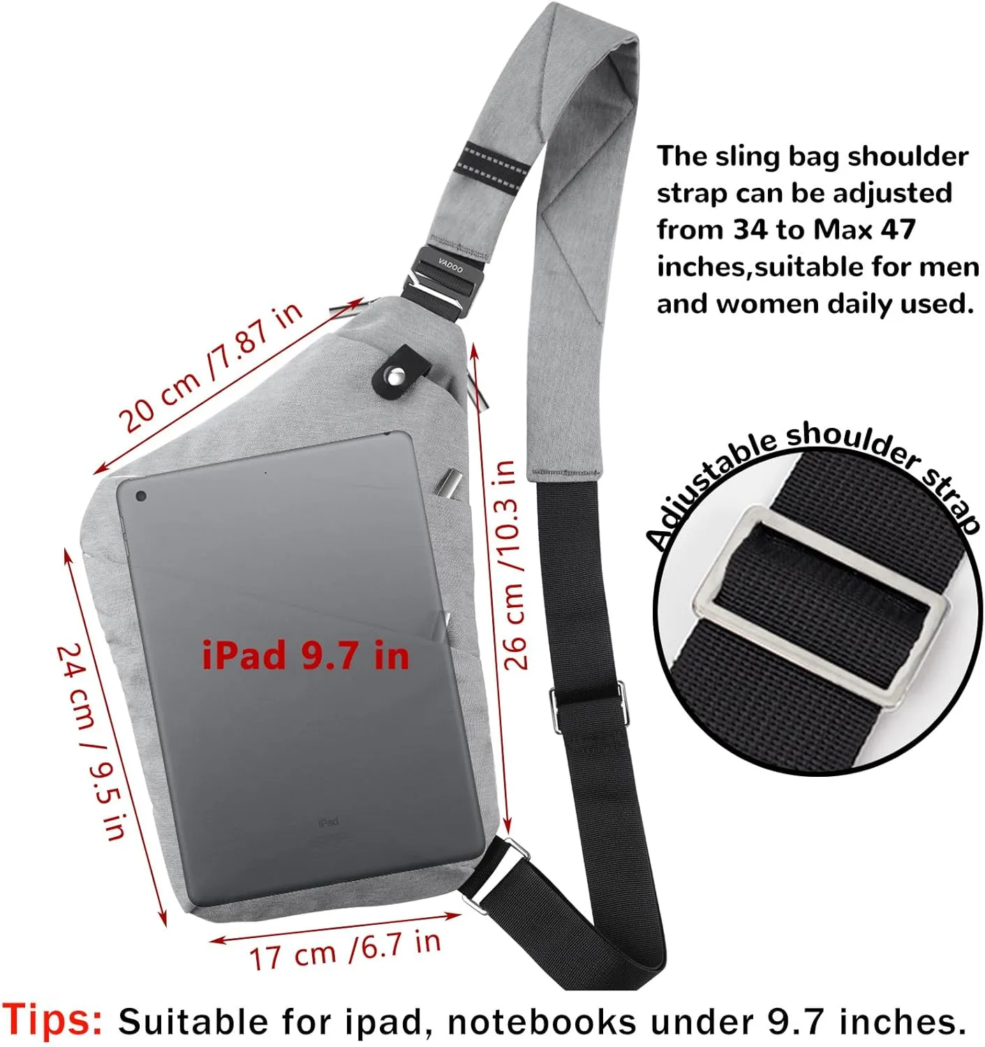 VADOO Anti-theft Crossbody Bags for Women, Shoulder Sling Bag for Men Lightweight Chest Bag for Travel Sport