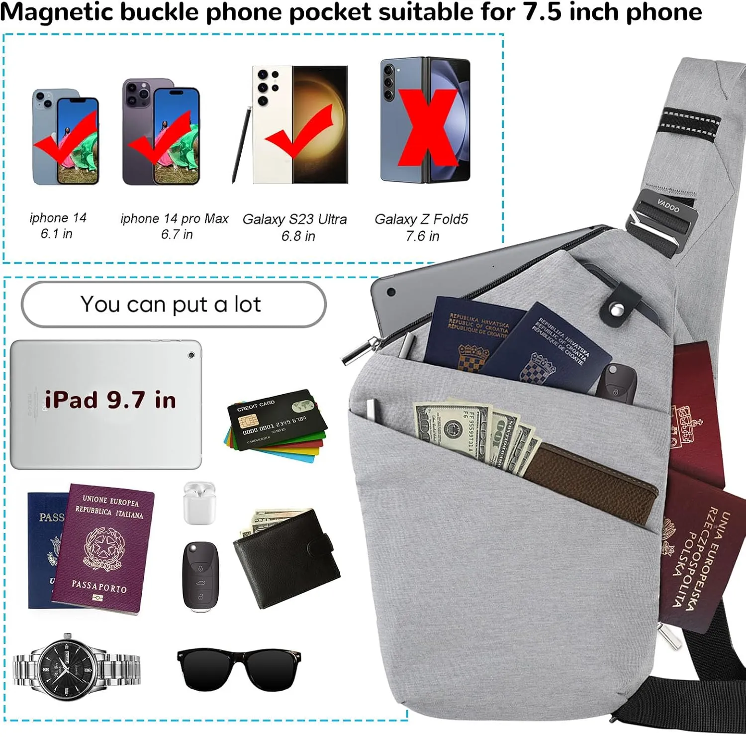VADOO Anti-theft Crossbody Bags for Women, Shoulder Sling Bag for Men Lightweight Chest Bag for Travel Sport