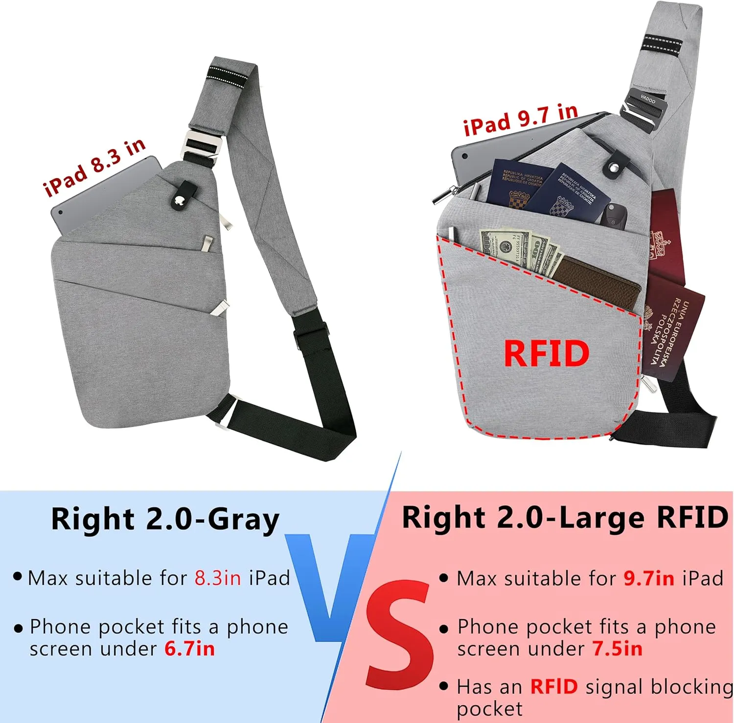 VADOO Anti-theft Crossbody Bags for Women, Shoulder Sling Bag for Men Lightweight Chest Bag for Travel Sport