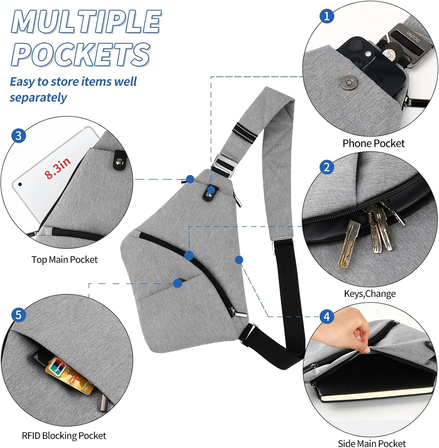 VADOO Anti-theft Crossbody Bags for Women, Shoulder Sling Bag for Men Lightweight Chest Bag for Travel Sport