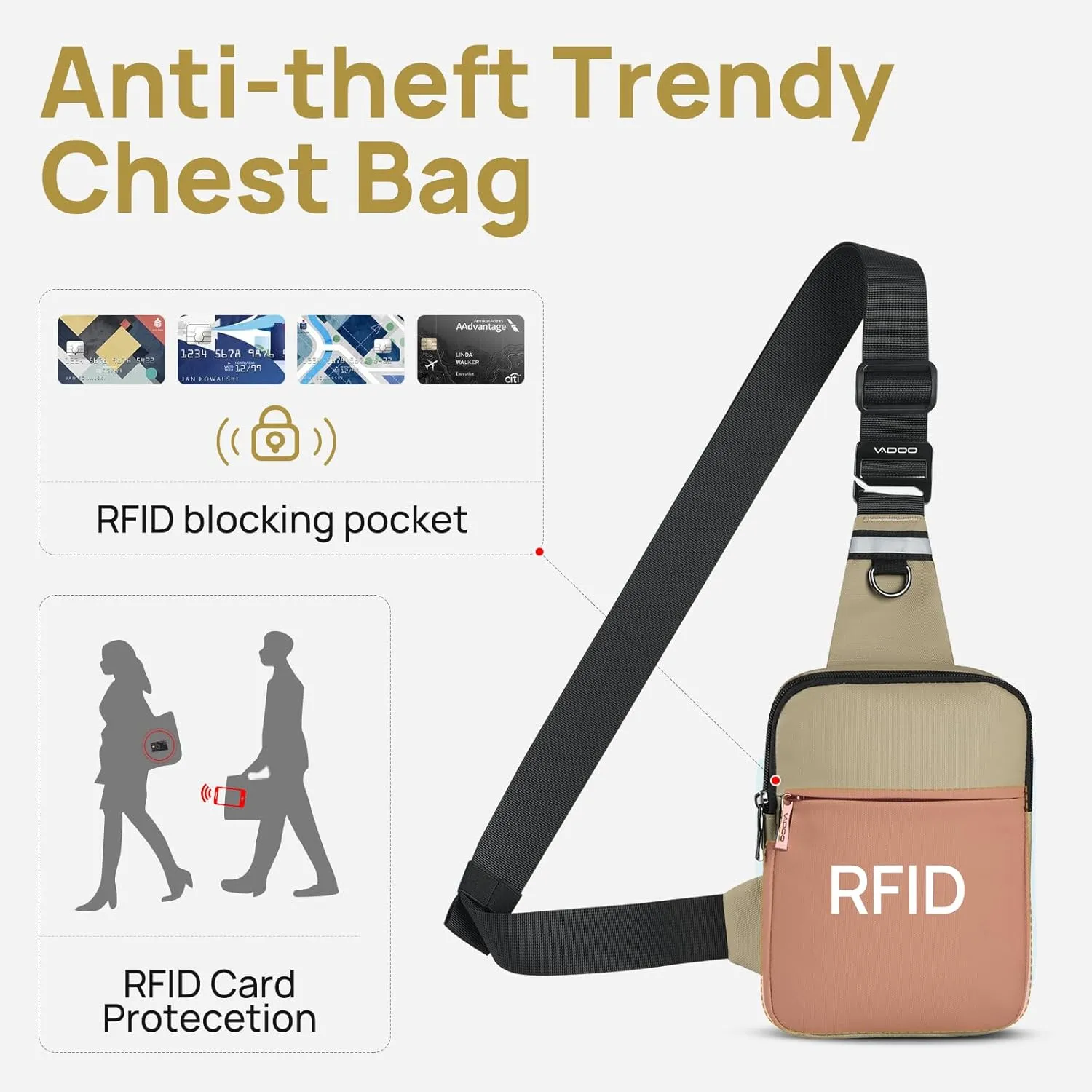 VADOO Sling Bag, Small Crossbody Bag with RFID Blocking for Women and Men, Lightweight Chest Phone Mini Bag for Travel Casual