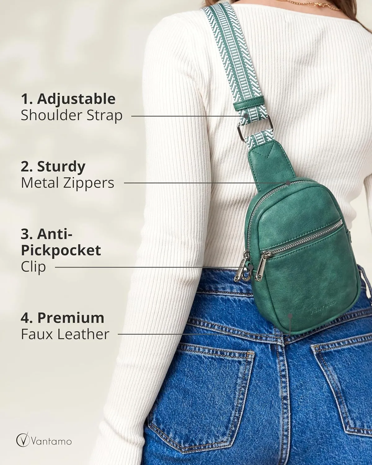 Vantamo Small Crossbody Bags for Women, Sling Bag with RFID & Anti-Pickpocket Clip, Adjustable Strap Cross Body Fanny Packs