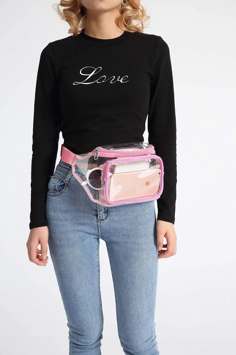 Veckle Clear Fanny Pack Stadium Approved - Adjustable Belt Bag for Women Men Fits Sport Events, Travel, Beach, Concerts, Transparent Stadium Waist Bag, Pink
