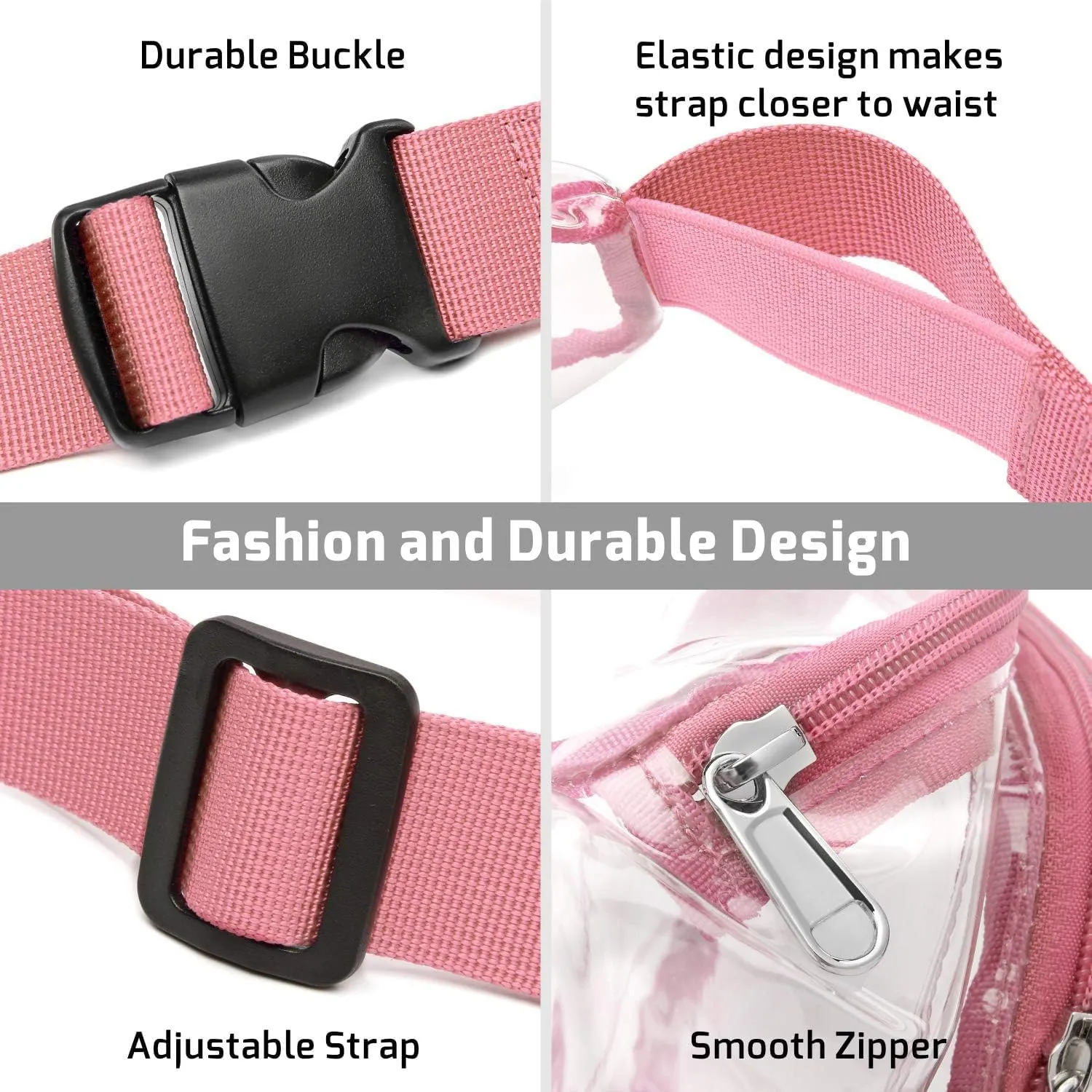 Veckle Clear Fanny Pack Stadium Approved - Adjustable Belt Bag for Women Men Fits Sport Events, Travel, Beach, Concerts, Transparent Stadium Waist Bag, Pink
