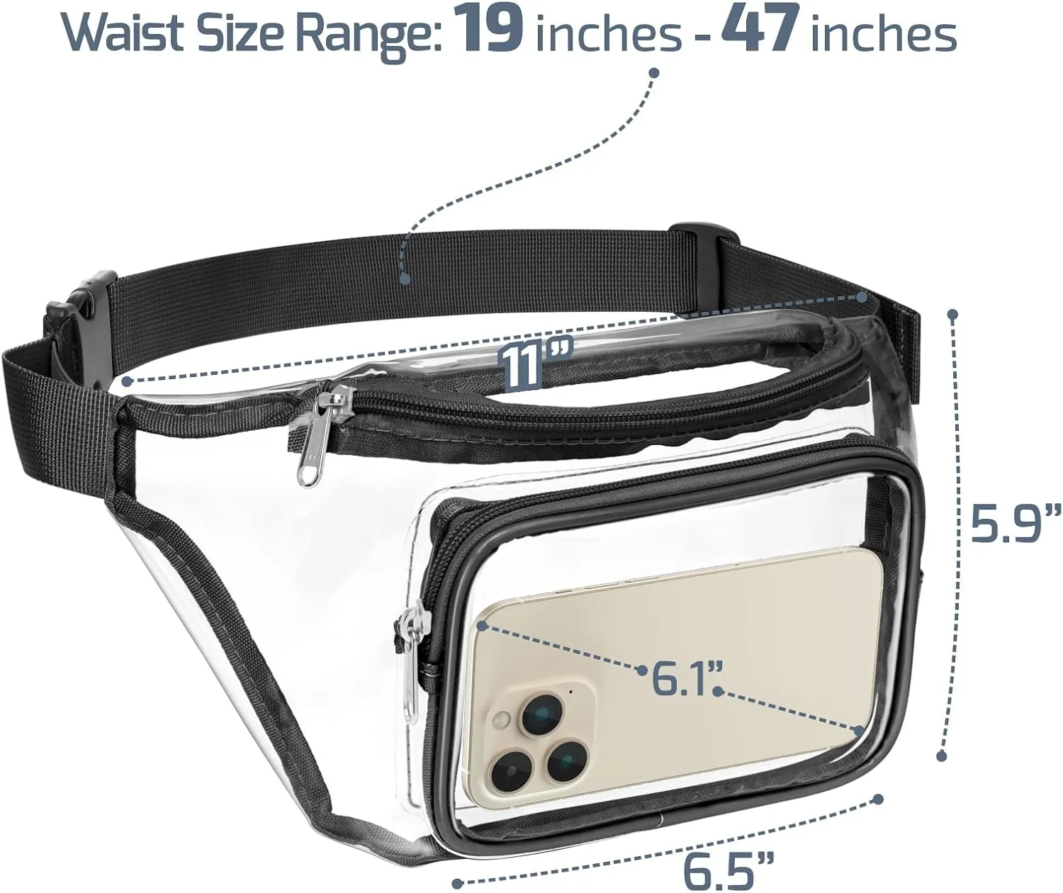 Veckle Clear Fanny Pack Stadium Approved - Clear Bag for Stadium Events Transparent Belt Bag for Women Men, Adjustable Waist Bag for Sports, Concerts, Black