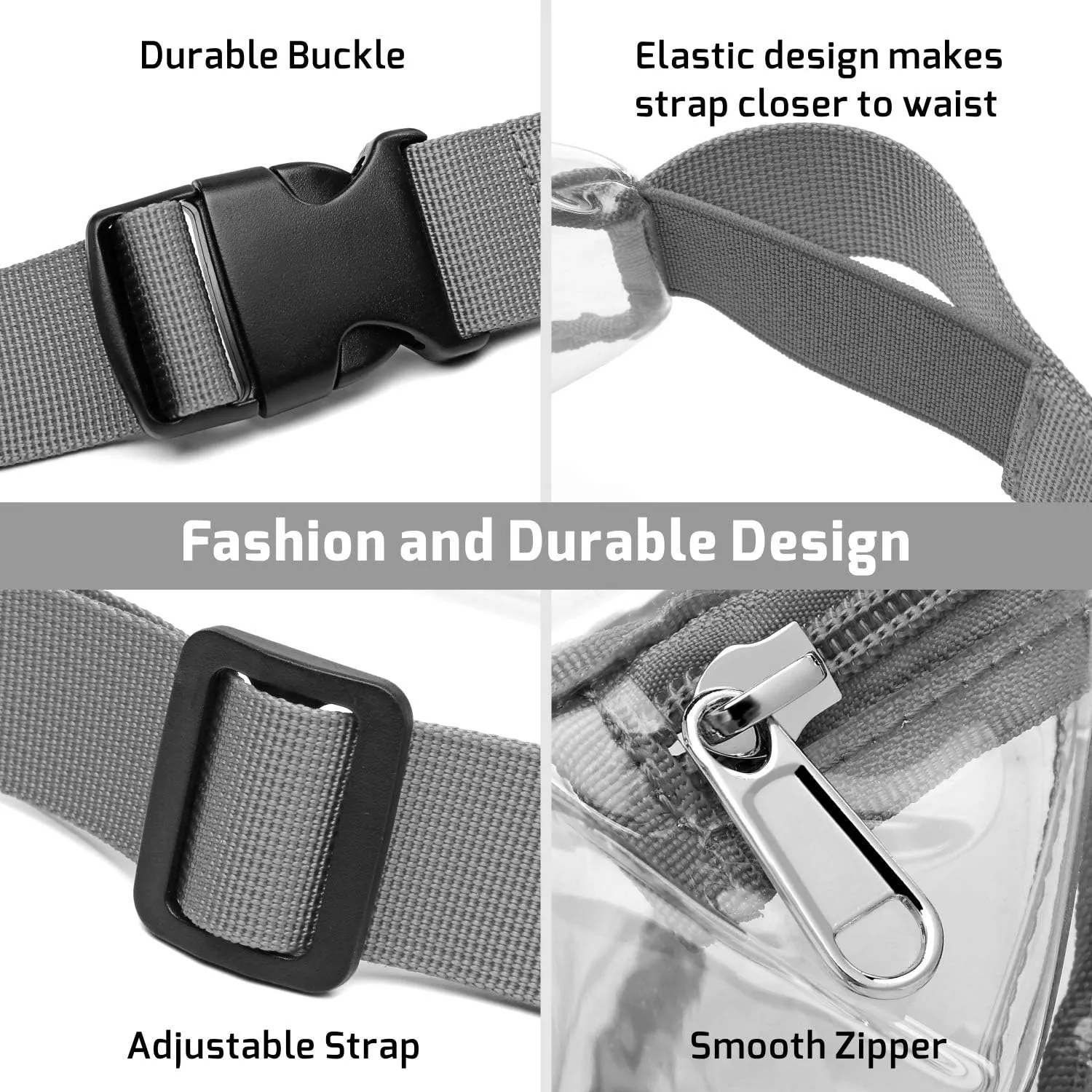 Veckle Fanny Pack - Clear Fanny Pack for Women Men Cute Waist Bag Stadium Approved Transparent Adjustable Belt Bag, Travel, Beach, Events, Concerts Bag, Grey