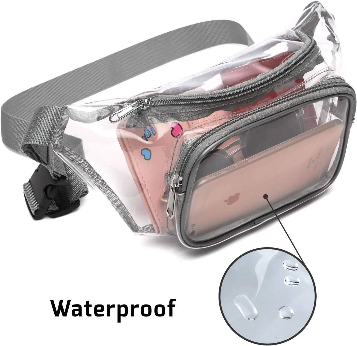 Veckle Fanny Pack - Clear Fanny Pack for Women Men Cute Waist Bag Stadium Approved Transparent Adjustable Belt Bag, Travel, Beach, Events, Concerts Bag, Grey