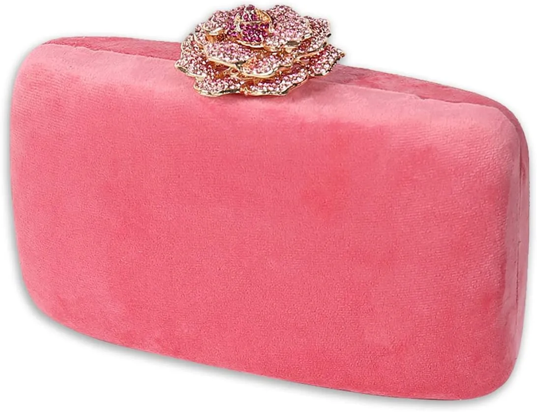 Velvet Clutch Bag for Women Diamond Flower Lock Evening Bag Sparkly Rhinestone Handbag Bridal Wedding Purse