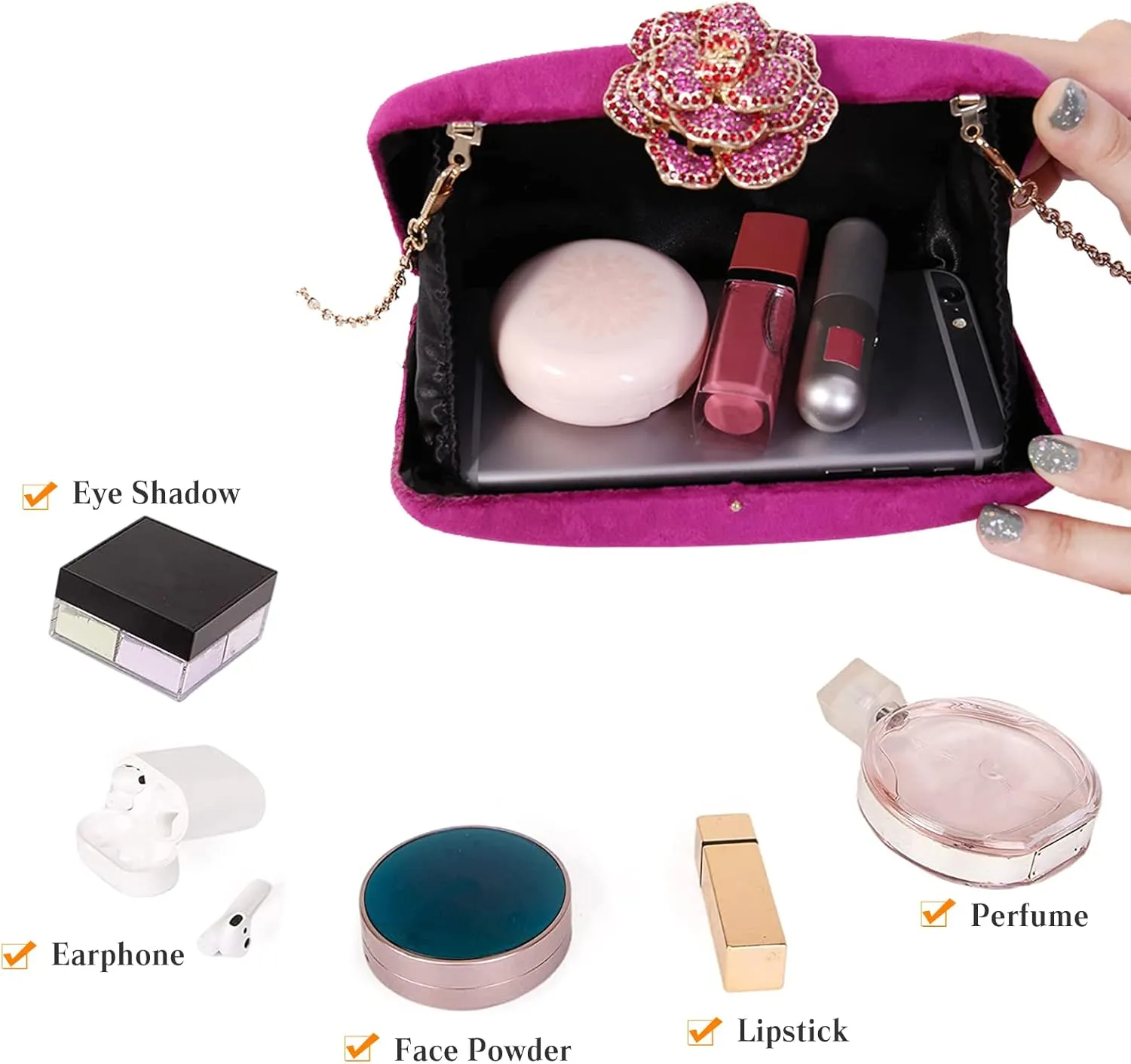 Velvet Clutch Bag for Women Diamond Flower Lock Evening Bag Sparkly Rhinestone Handbag Bridal Wedding Purse
