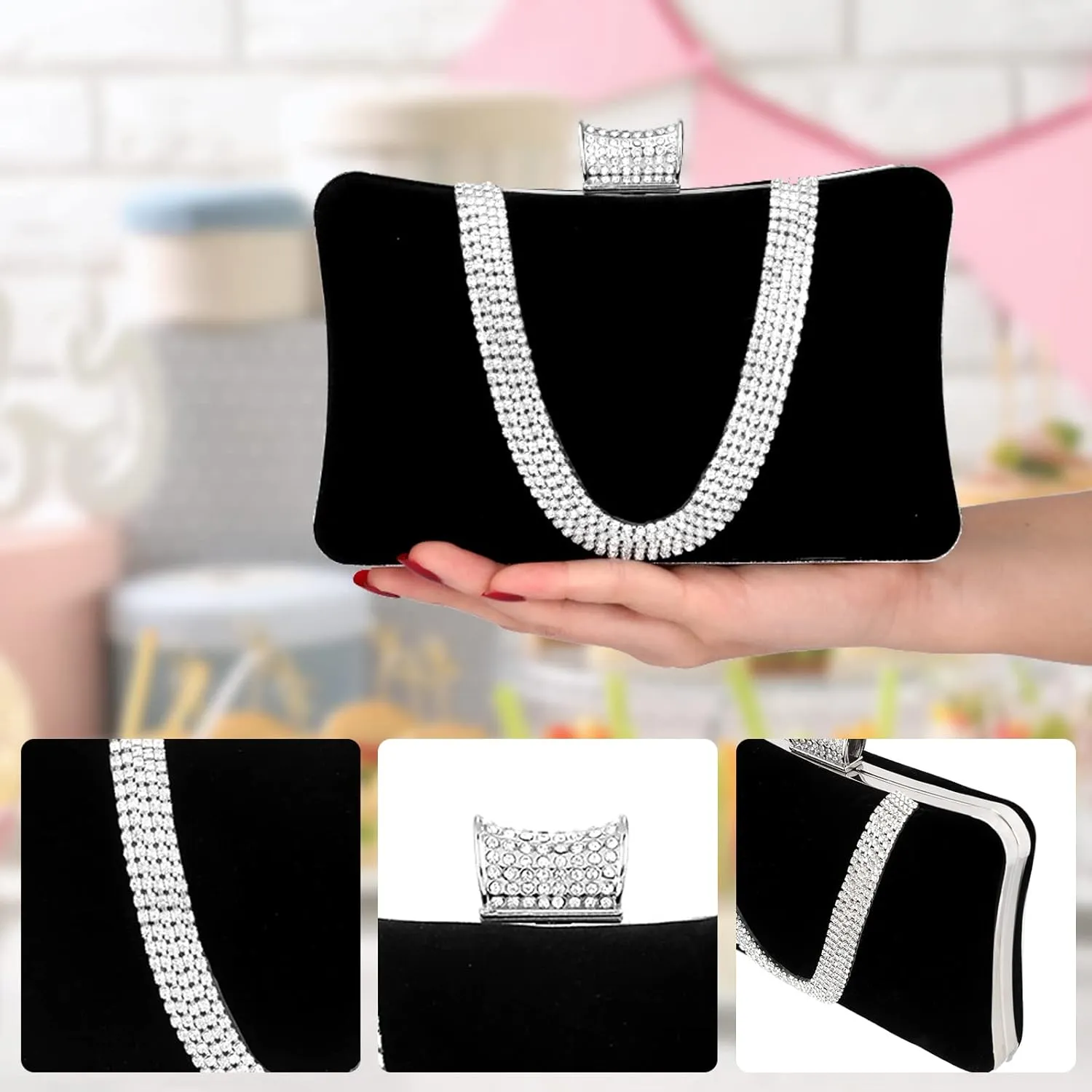 Velvet Evening Bag for Women Rhinestone Clutch Bag Sparkly Handbag