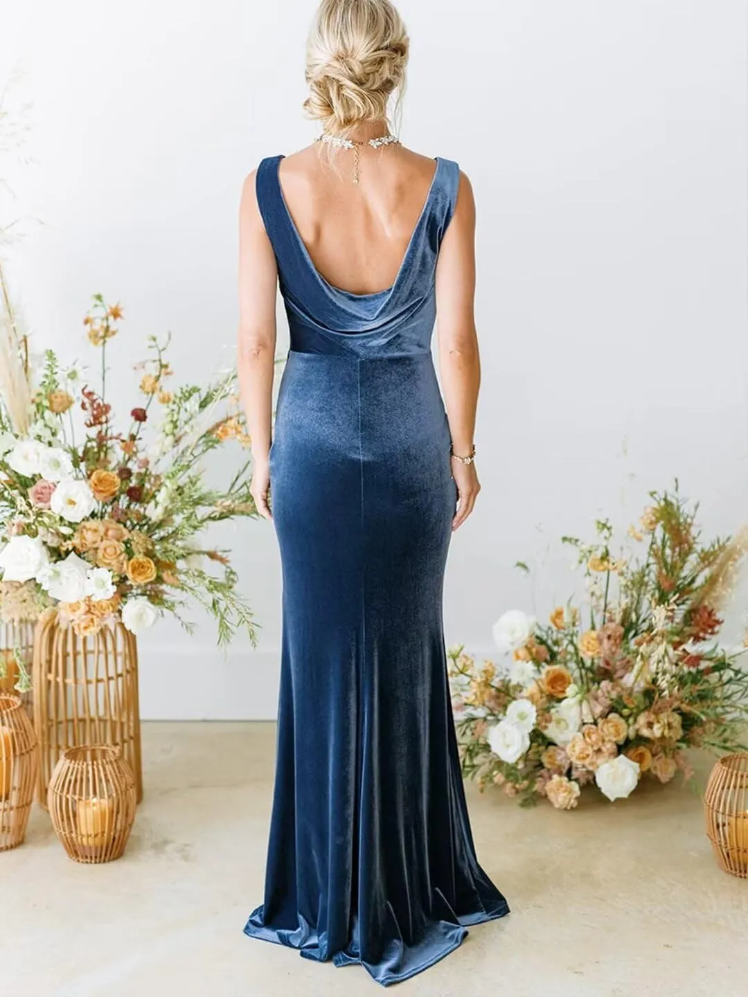 Velvet Mermaid Bridesmaid Dresses for Women Floor Length Sleeveless Formal Evening Gown