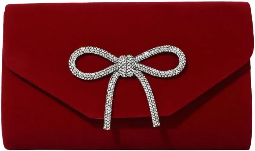 Velvet Wine Red Evening Bag - Elegant Fabric Clutch with Rhinestone Bow for Women's Banquets and Special Occasions